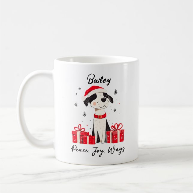 Peace Joy Wags Custom Pet Name Weihnachtshund Kaffeetasse (Links)