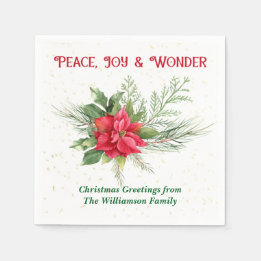 Peace Joy & Wonder Red Poinsettia Christmas Serviette