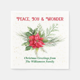 Peace Joy & Wonder Red Poinsettia Christmas Serviette