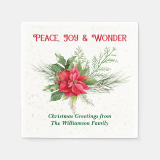 Peace Joy & Wonder Red Poinsettia Christmas Serviette