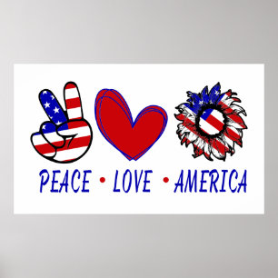 Peace Liebe America Patriotic Flag Herz Sonnenblum Poster