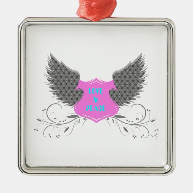 Peace Liebe Angel Wings Design Silbernes Ornament (Vorne)