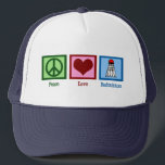 Peace Liebe Badminton Player Truckerkappe<br><div class="desc">Ein Friedensschild,  ein Herz und der Badminton Shuttleservice schmücken diesen niedlichen Badminton-Spieler. Peace Liebe Badminton.</div>