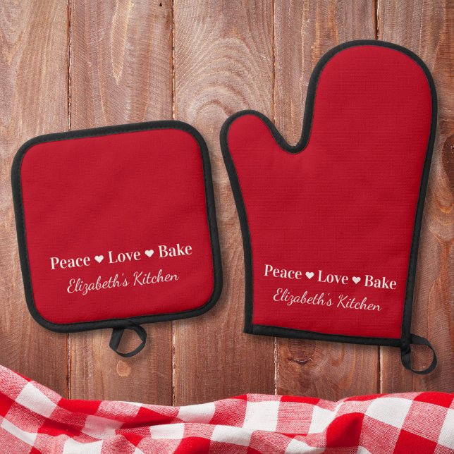 Peace Liebe Bake Personalisiert Red Ofenhandschuh & Topflappen-Set (Von Creator hochgeladen)