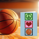 Peace Liebe Basketball Vertikal Feiertagskarte<br><div class="desc">Ein niedliches Basketball-Weihnachtsgeschenk für einen Trainer,  Spieler oder eine unterstützende sportliche Mutter. Ein hübsches grünes Friedensschild,  ein rotes Herz und ein Basketball in vertikaler Linie für jemanden,  der Basketball spielt. Große Basketballsaison für Ihr Team.</div>