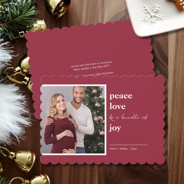 Peace Liebe Bundle of Joy Square Foto Weihnachten (Peace Love and a Bundle of Joy - Christmas Card Pregnancy Announcement by Darling & May)