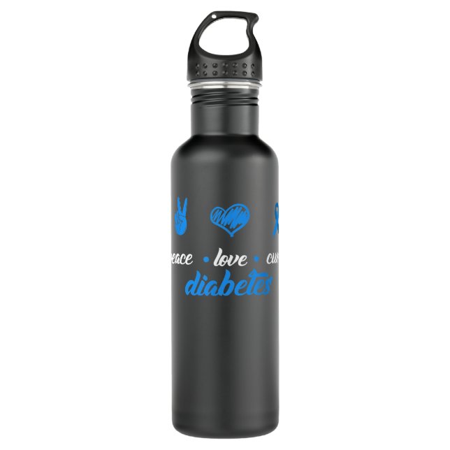 Peace Liebe Cure Blue Ribbon Design Typ 1 Diabetes Edelstahlflasche (Vorderseite)