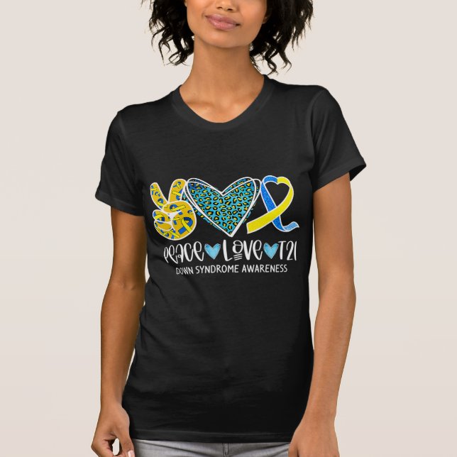 Peace Liebe Cure Blue & Yellow Ribbon Down Syndrom T-Shirt (Vorderseite)