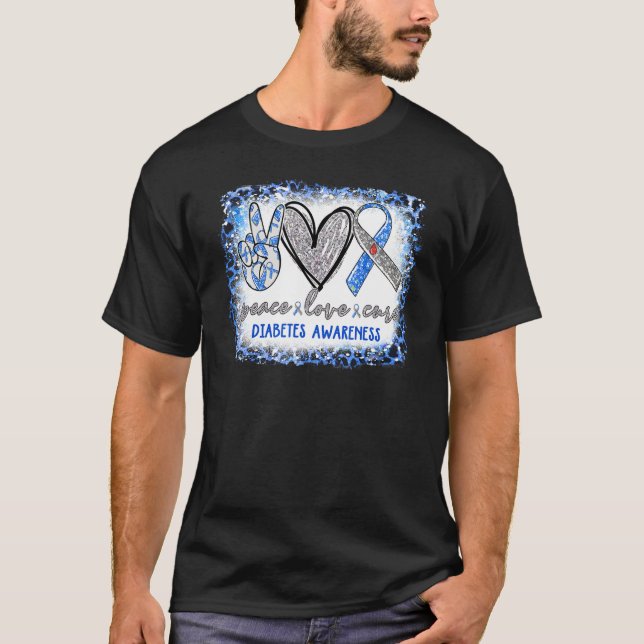Peace Liebe Cure Diabetes Awareness Blue Gray Ribb T-Shirt (Vorderseite)