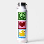 Peace Liebe Encks Niedlich Personalisiert Duck Trinkflasche<br><div class="desc">Personalisiertes hübsches Geschenk für jemanden,  der ein Entenmannschaft Maskottchen Liebe. Ein grünes Friedensschild,  ein rötliches Herz und ein niedliches,  gelbes Gummidipl. Peace Liebe Ducks Wasserflasche.</div>