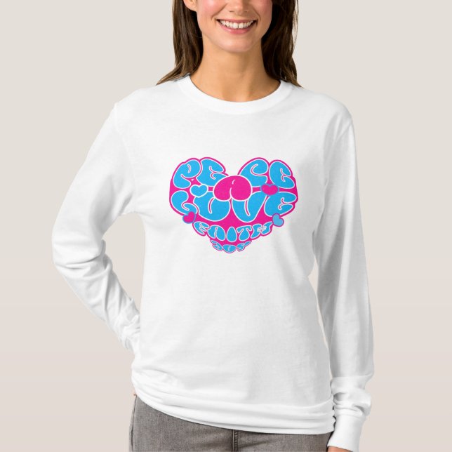 Peace Liebe Faith Joy Aqua Pink Heart Retro T-Shirt (Vorderseite)