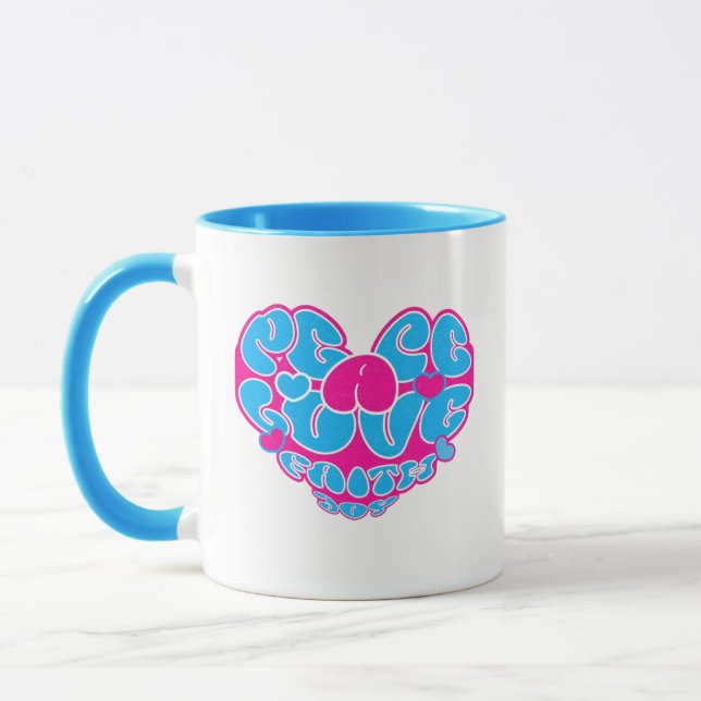 Peace Liebe Faith Joy Aqua Pink Heart Retro Tasse (Links)
