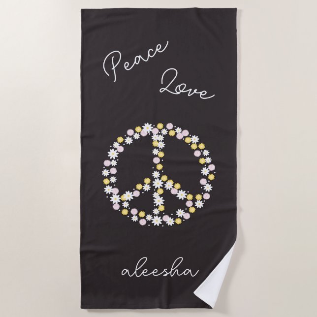 Peace Liebe Floral Peace Sign Personalisiert Strandtuch (Vorderseite)