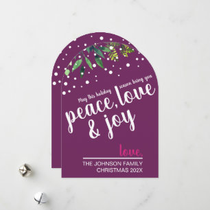 Peace Liebe & Freude Schneegrün Beere Custom Feiertagskarte