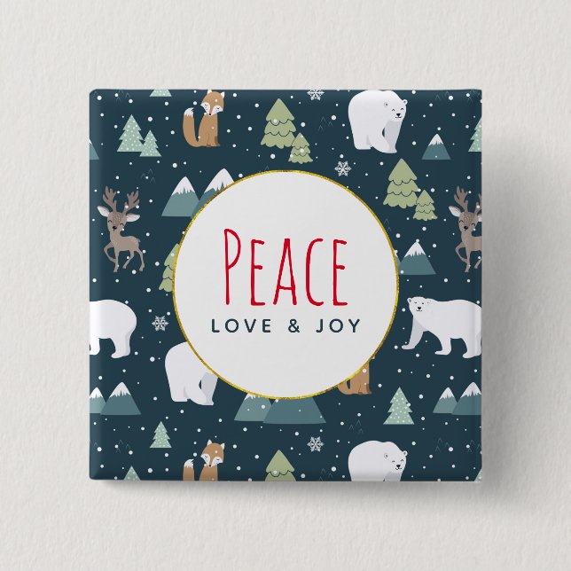 Peace Liebe & Freude Weihnachten Tiere Muster Button (Vorderseite)
