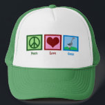 Peace Liebe Gänse Truckerkappe<br><div class="desc">Ein niedliches Gänsegeschenk mit einem Friedenszeichen,  Herz und Gans.</div>
