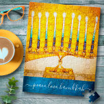 "Peace Liebe Hanukkah" Künstlerisch Gelb & Gold Me Puzzle<br><div class="desc">"Frieden, Liebe, Hanukkah." Ein nahes Foto einer leuchtenden, farbenfrohen, gelben und goldenen künstlerischen Menorah hilft Ihnen, den Urlaub von Hanukka stilvoll zu gestalten. Genießen Sie die Wärme und Freude der Ferienzeit, wenn Sie dieses atemberaubende, farbenfrohe Hanukkah-Puzzle benutzen. Passende Karten, Umschläge, Aufkleber, Kissen, Totentaschen, Packpapier, Serviertablette, Zuhause Dekor, und vieles mehr...</div>
