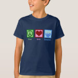 Peace Liebe Hanukkah Niedlich Blue Kids T-Shirt<br><div class="desc">Peace Liebe Hanukkah Kinder T - Shirt für ein jüdisches Kind,  das Chanukah gerne feiert. Ein hübsches Friedenszeichen,  ein Herz und eine wunderschöne Menorah.</div>