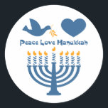 Peace Liebe Hanukkah Runder Aufkleber<br><div class="desc">Festival der Lichter Hanukkah Design,  dass PEACE LIEBE HANUKKAH mit einer Taube und Olivenzweig,  Herz und beleuchtete menorah sagt. PinkInkArt Original!</div>