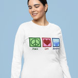 Peace Liebe Hanukkah Women's Long Sleeve<br><div class="desc">Peace Liebe Hanukkah lange Ärmel T - Shirt für eine jüdische Frau,  die gerne Chanukah feiern. Ein hübsches Friedenszeichen,  ein Herz und eine wunderschöne Menorah.</div>