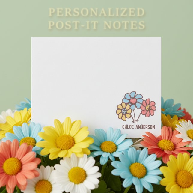Peace Liebe Harmony 60er Retro Daisies mit Namen Post-it Klebezettel (🌼Retro daisies post it notes with custom name. 🌼)