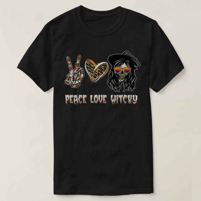 Peace Liebe Hexenhut Skeleton Hand Halloween Women T-Shirt (Design vorne)