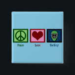 Peace Liebe Hockey (Goalie Mask) Niedlich Button<br><div class="desc">Grünes Friedenszeichen,  Herz und eine Hockeymaske auf blauem Design sind ein tolles Weihnachtsgeschenk für einen Hockeyspieler oder Sportfans.</div>