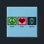 Peace Liebe Hockey (Goalie Mask) Niedlich Button<br><div class="desc">Grünes Friedenszeichen,  Herz und eine Hockeymaske auf blauem Design sind ein tolles Weihnachtsgeschenk für einen Hockeyspieler oder Sportfans.</div>