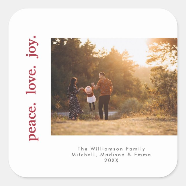 Peace Liebe Joliday Weihnachten Foto Quadratischer Aufkleber (Vorderseite)