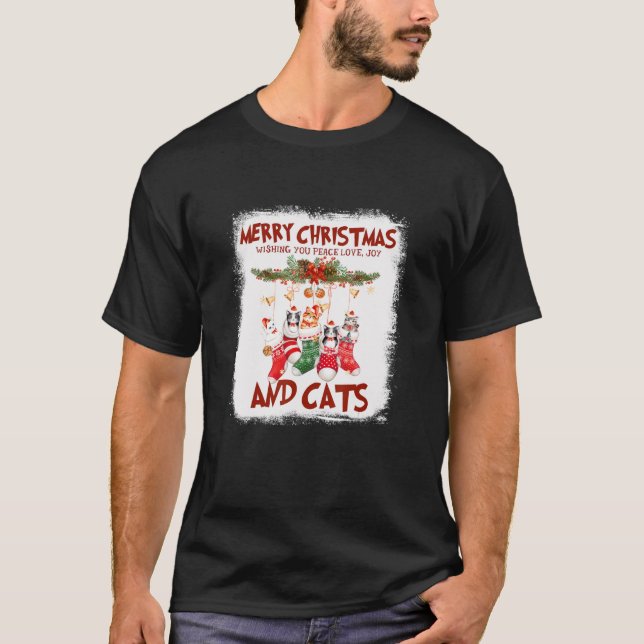 Peace Liebe Joy and Cats in Sock Christmas Cat T-Shirt (Vorderseite)