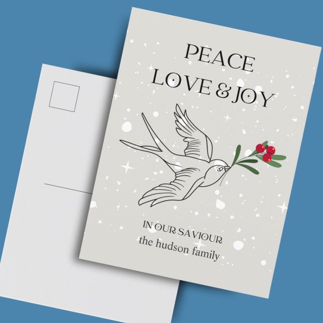 Peace Liebe Joy Bird Red Berry Snow Weihnachten Postkarte (Von Creator hochgeladen)