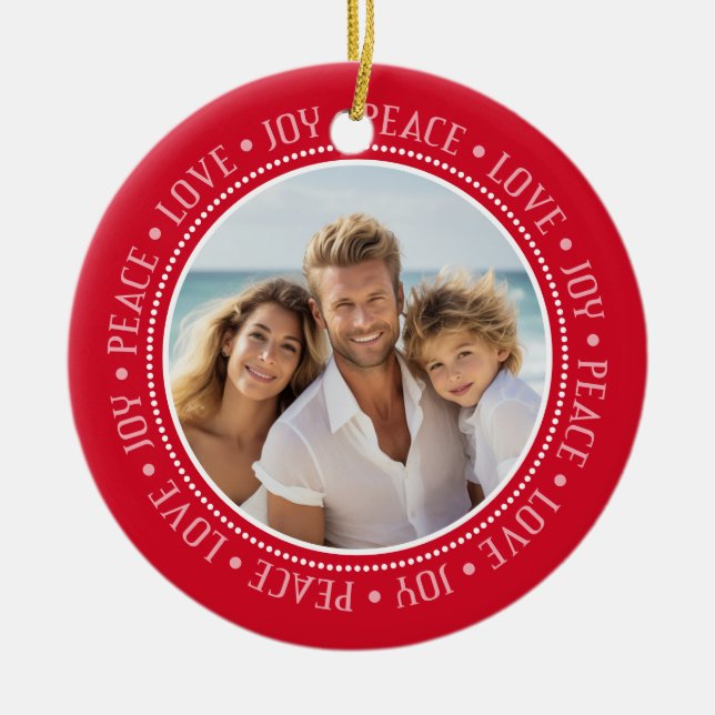 Peace Liebe Joy Border in Red - Foto Keramik Ornament (Vorne)
