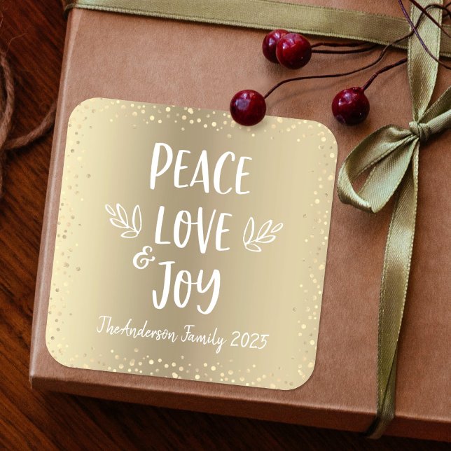 Peace Liebe Joy Chic Moderne Typografie Goldener U Quadratischer Aufkleber (Von Creator hochgeladen)