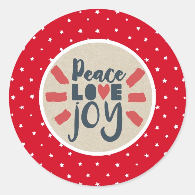 PEACE LIEBE JOY Christmas Red Stars Kraft Urlaub Runder Aufkleber (Vorderseite)