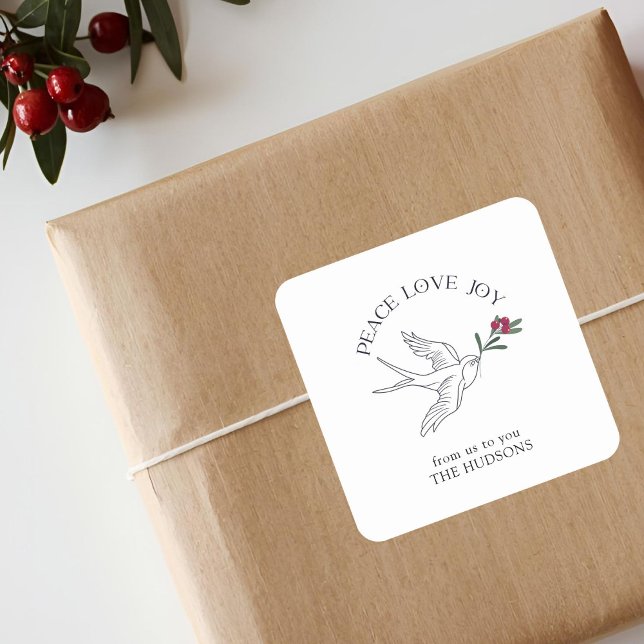Peace Liebe Joy Christmas Snow Bird Quadratischer Aufkleber (Von Creator hochgeladen)
