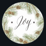 Peace Liebe Joy Christmas Sticker<br><div class="desc">Peace Liebe Joy Christmas Round Sticker. Pine Cone Thema. Personalisierbar. Teil einer Weihnachtskollektion.</div>
