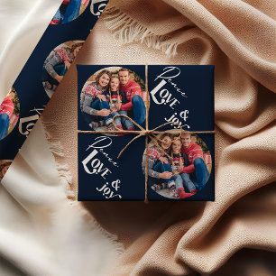 Peace Liebe Joy Elegante Typografie Blaues Foto Geschenkpapier