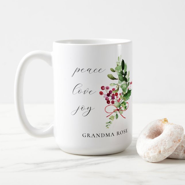 Peace Liebe Joy Holly Berry Holiday Kaffeetasse (Mit Donut)