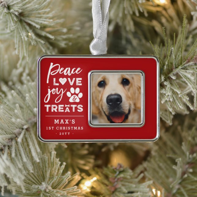 Peace Liebe Joy Leckereien Hund Lover Foto Funny P Rahmen-Ornament Silber (Baum)
