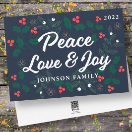 Peace Liebe & Joy Modern Holly Berries Foliage Feiertagskarte