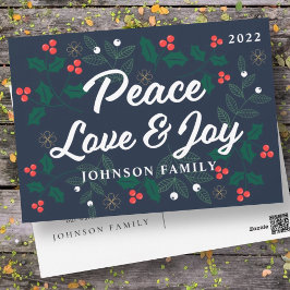 Peace Liebe & Joy Modern Holly Berries Foliage Feiertagspostkarte