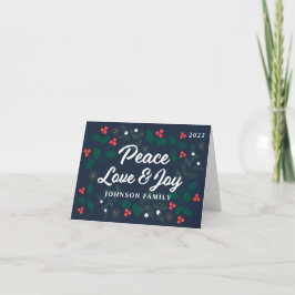Peace Liebe & Joy Modern Red Holly Berries Foliage Feiertagskarte