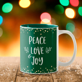 Peace Liebe Joy Modern Typografy Gold Dots Green Zweifarbige Tasse