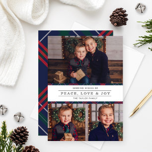 Peace Liebe Joy Navy Tartan Karierte FotoCollage Feiertagskarte