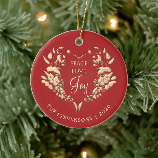 Peace Liebe Joy Red Gold Weihnachten Keramik Ornament (Baum)