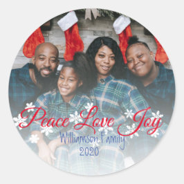 Peace Liebe Joy Red Script Ihr Foto Runder Aufkleber