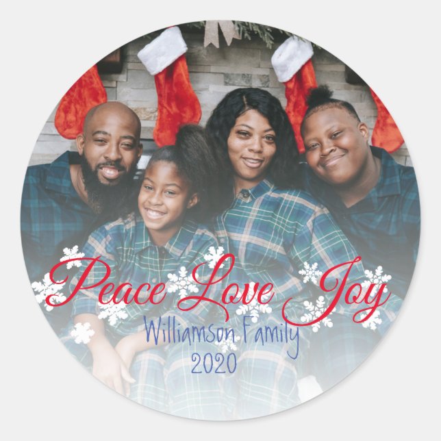 Peace Liebe Joy Red Script Ihr Foto Runder Aufkleber (Vorderseite)