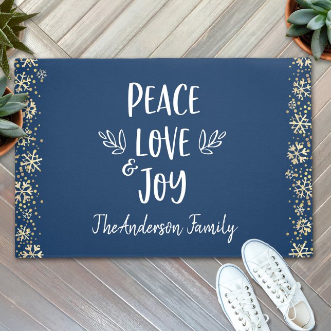Peace Liebe Joy Snowflakes Typografie Navy Holiday Fußmatte (Von Creator hochgeladen)