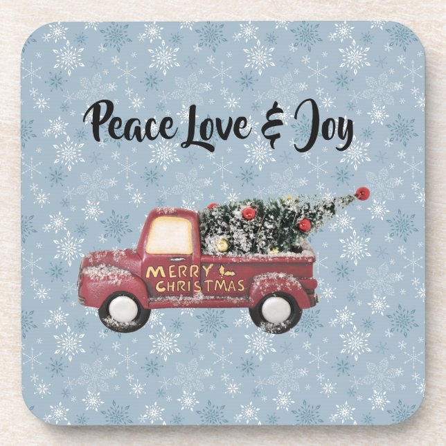 Peace Liebe & Joy Toy Truck Frohe Weihnachten Getränkeuntersetzer (Vorderseite)