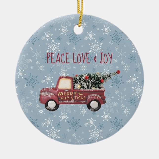 Peace Liebe & Joy Toy Truck Frohe Weihnachten Keramik Ornament (Vorne)